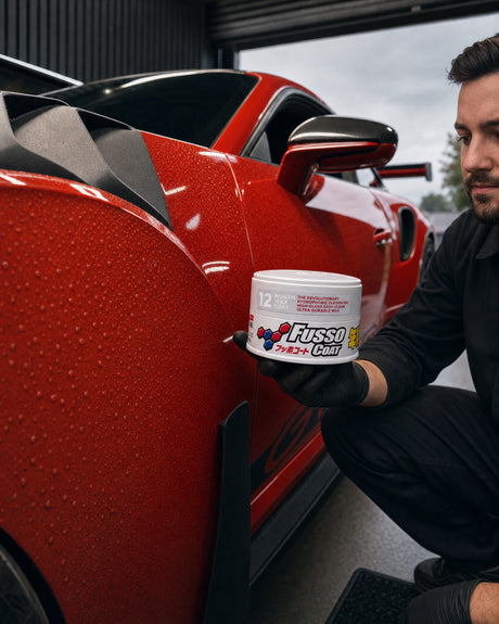 Soft99 Fusso Coat Dose in Daniels Hand vor dem frisch versiegelten roten Porsche 911 GT3 RS, Wasser perlt rund ab.