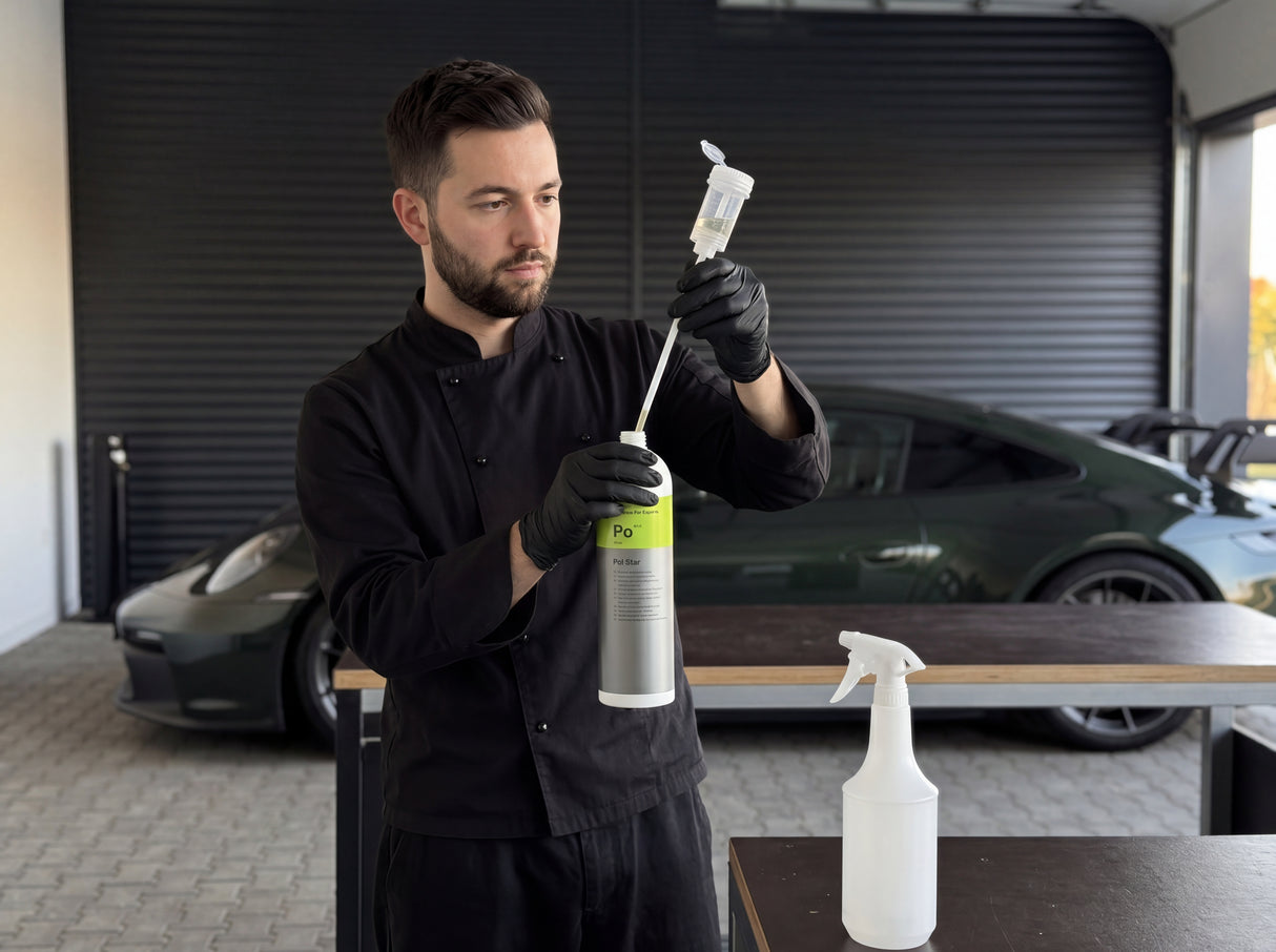 Daniel von Detailing1 dosiert Koch-Chemie Pol Star mit der Dosing Cap Dosierkappe