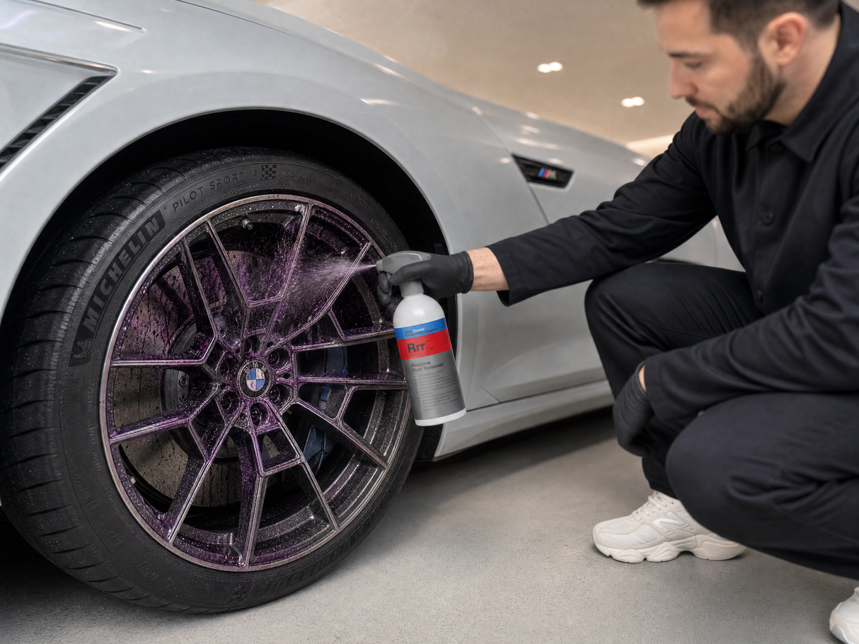 Koch-Chemie Reactive Rust Remover Rrr — violette Wirkindikator-Reaktion auf der Speiche