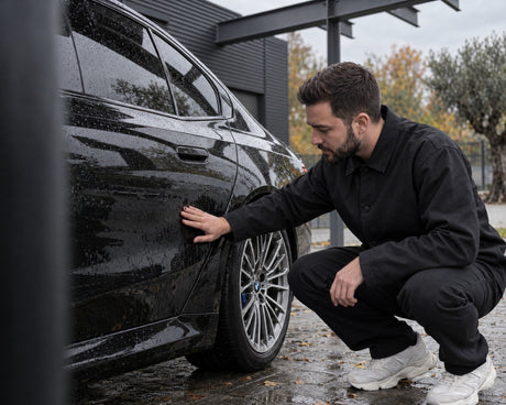 Detailing1 check protezione su BMW M5 nera, Daniel guarda l'acqua di risciacquo sulla portiera dietro prima dell'inverno