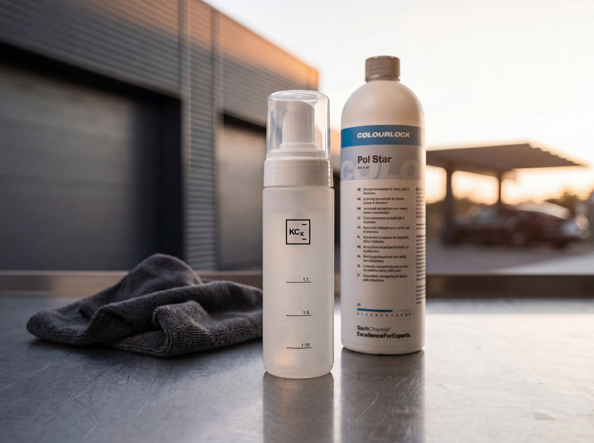 Foamer Bottle 150 ml Verdünnungsskala mit COLOURLOCK Pol Star Konzentrat im Hintergrund