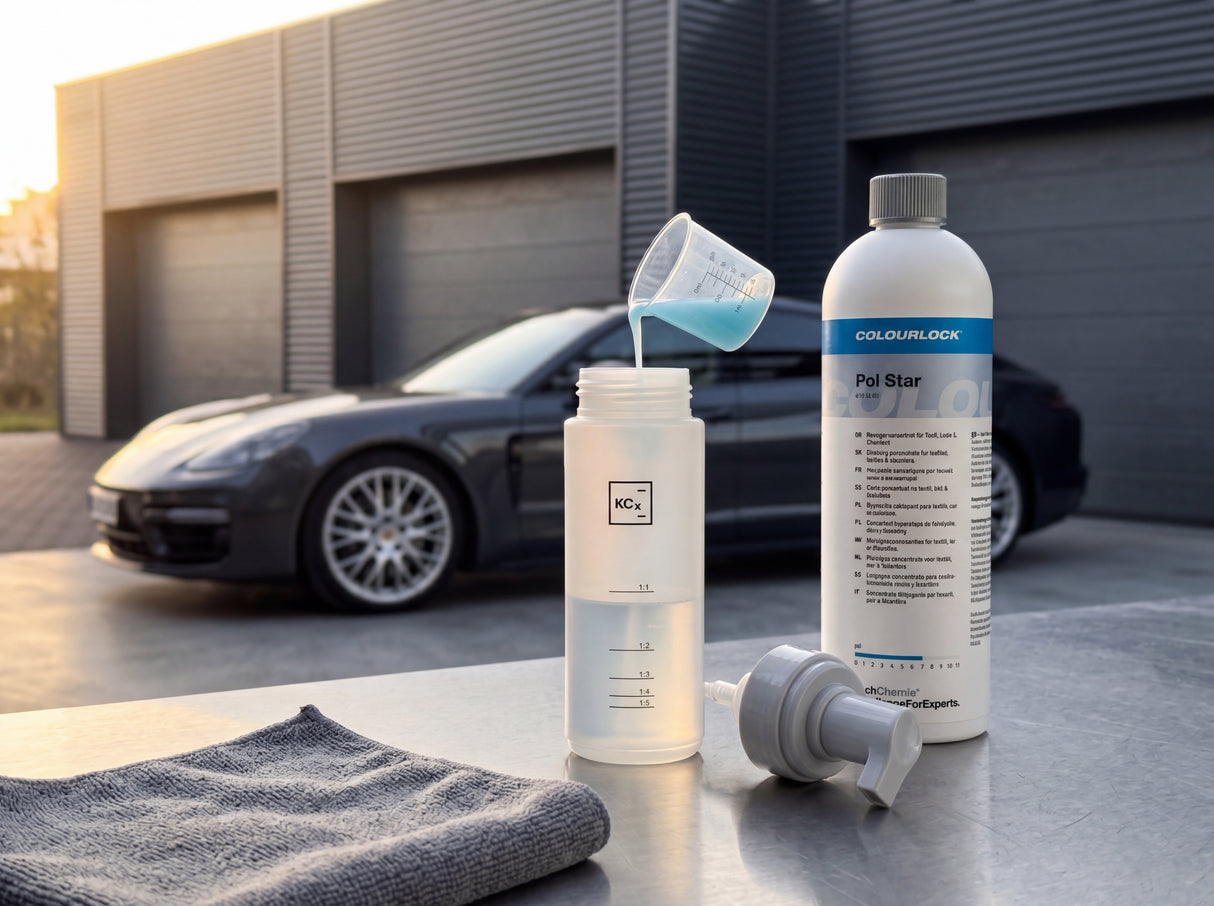 Koch-Chemie Foamer Bottle 150 ml und COLOURLOCK Pol Star Konzentrat auf Werkbank im Detailing-Workshop
