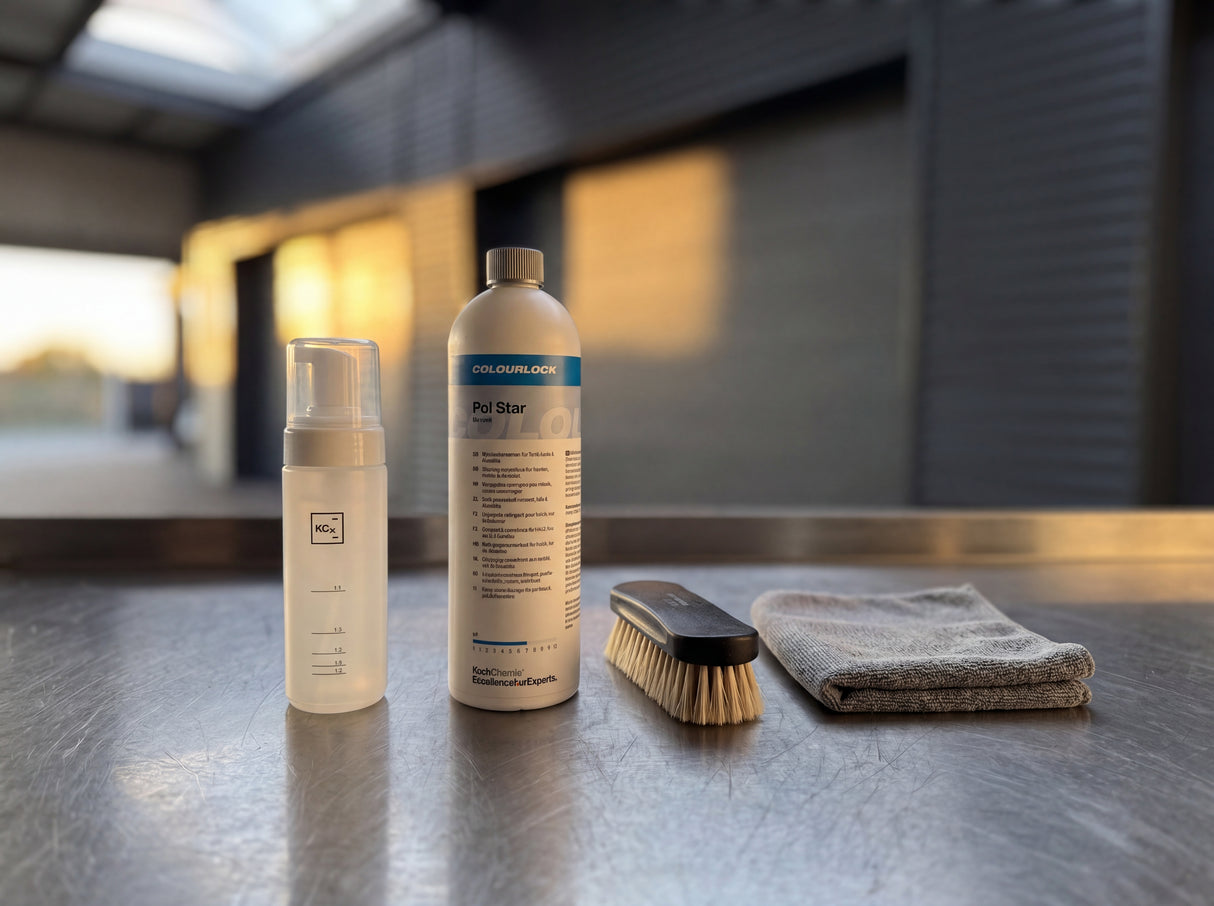 Innenraum-Workflow Set mit Koch-Chemie Foamer Bottle Pol Star Polsterbürste und Mikrofaser