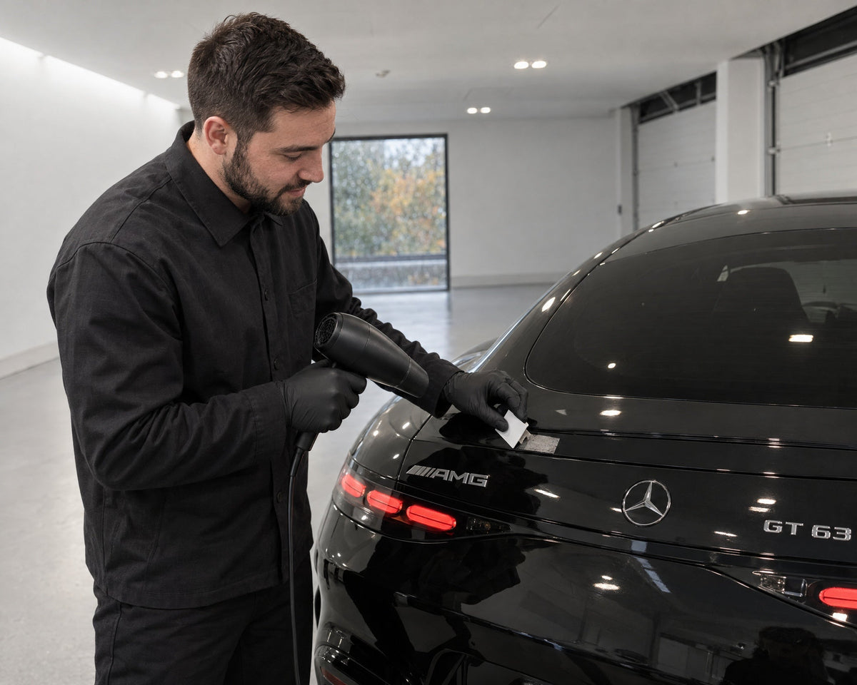 Detailing1 quitar una pegatina en un Mercedes-AMG GT 63 negro — el secador calienta el pegamento, una tarjeta alza la esquina