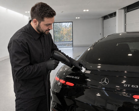 Detailing1 usuwanie naklejki z czarnego Mercedesa-AMG GT 63 — suszarka ogrzewa klej, plastikowa karta podważa róg