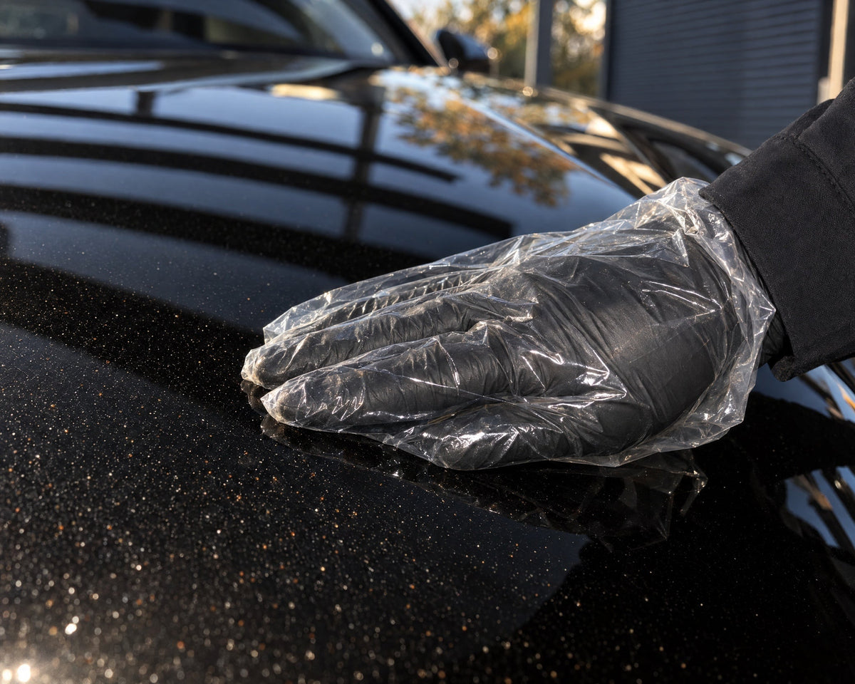 Detailing1 prueba del tacto en un Audi RS 5 negro — mano en bolsa sobre contaminación férrica y polvo industrial del capó