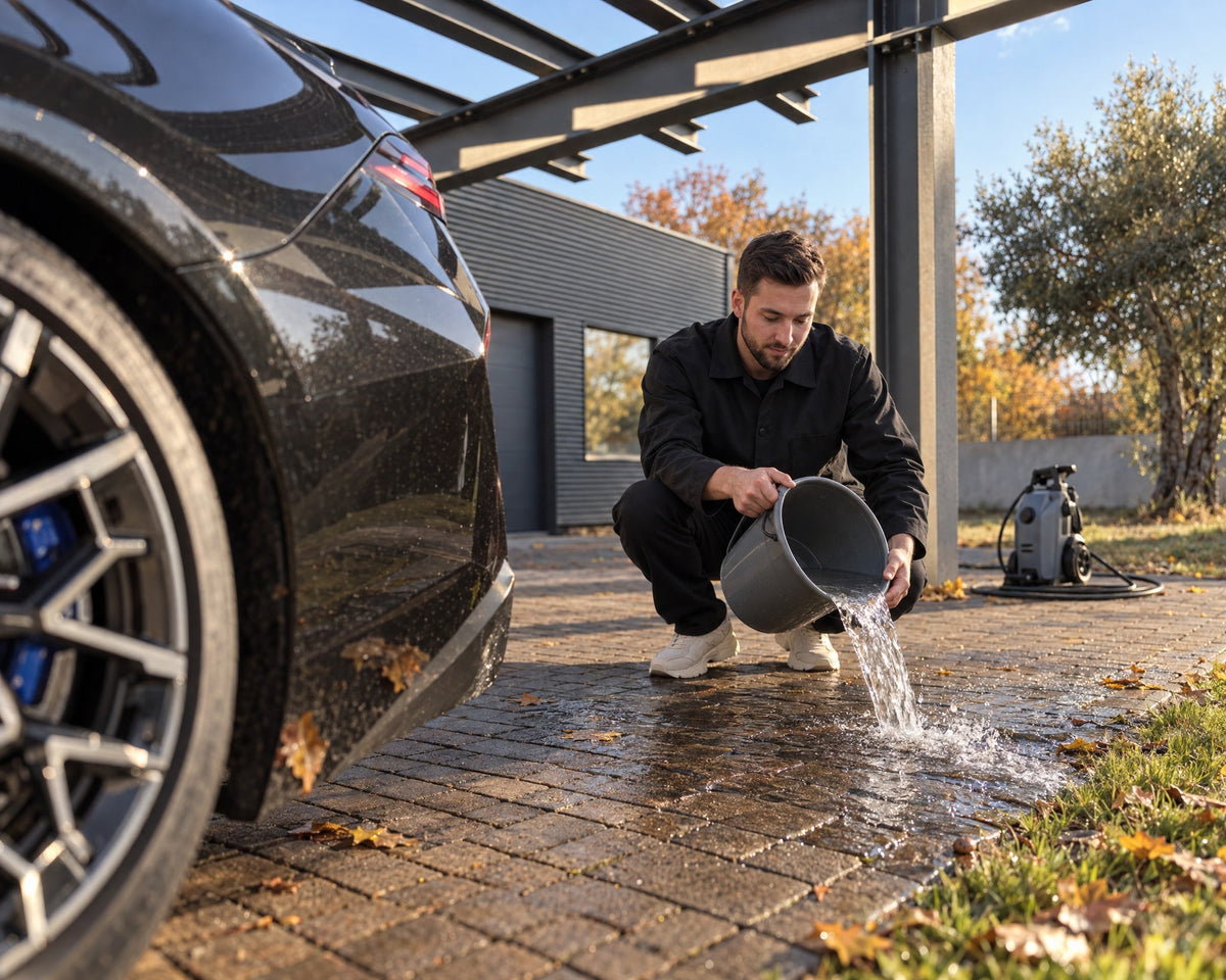 Detailing1 Auto zu Hause waschen — Daniel kippt Wasser aufs Carport-Pflaster neben dem BMW M5 und prüft, wohin es läuft
