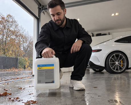 Detailing1 Stocker l'entretien auto — Daniel soulève le bidon Koch-Chemie Gsf de 5 litres du sol froid, portail ouvert