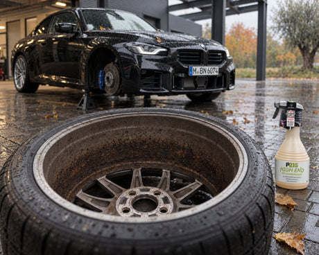 Dr. Wack P21S HIGH END Wheel Cleaner next to a removed BMW M2 wheel with baked-on brake dust in the wheel barrel