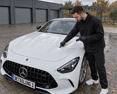Detailing1 opgedroogde watervlekken op witte Mercedes-AMG GT 63 — Daniel checkt kalkvlekken met lamp en vingernagel