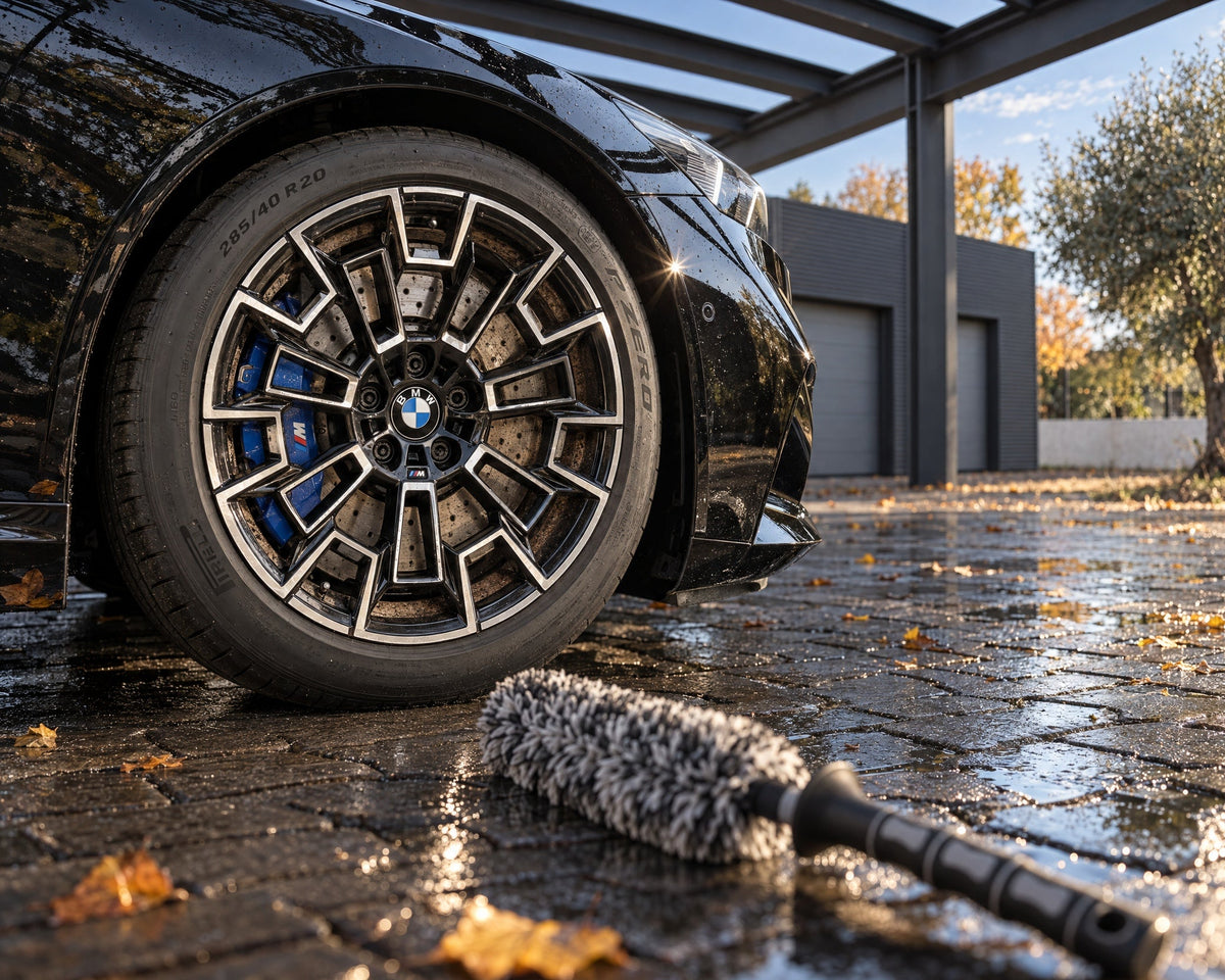 THE COLLECTION Flex Brush, cepillo de microfibra para llantas, sobre adoquín mojado ante la llanta de un BMW M5 negro