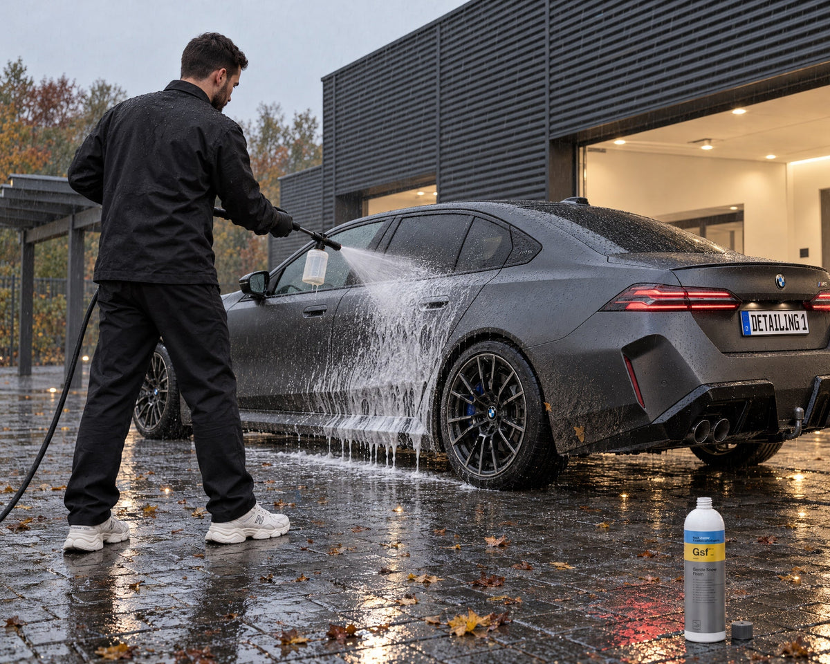 Detailing1 cuidar pintura mate: Daniel aplica Koch-Chemie Gentle Snow Foam "Gsf" a una berlina gris mate bajo la lluvia