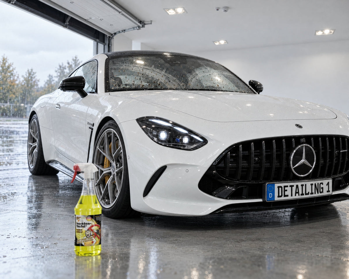 TUGA Chemie Insekten-Teufel przed autem Mercedes-AMG GT z resztkami owadów na przedniej szybie — pokazane w artykule „5 powodów, dla których przednia szyba smuży po lecie”