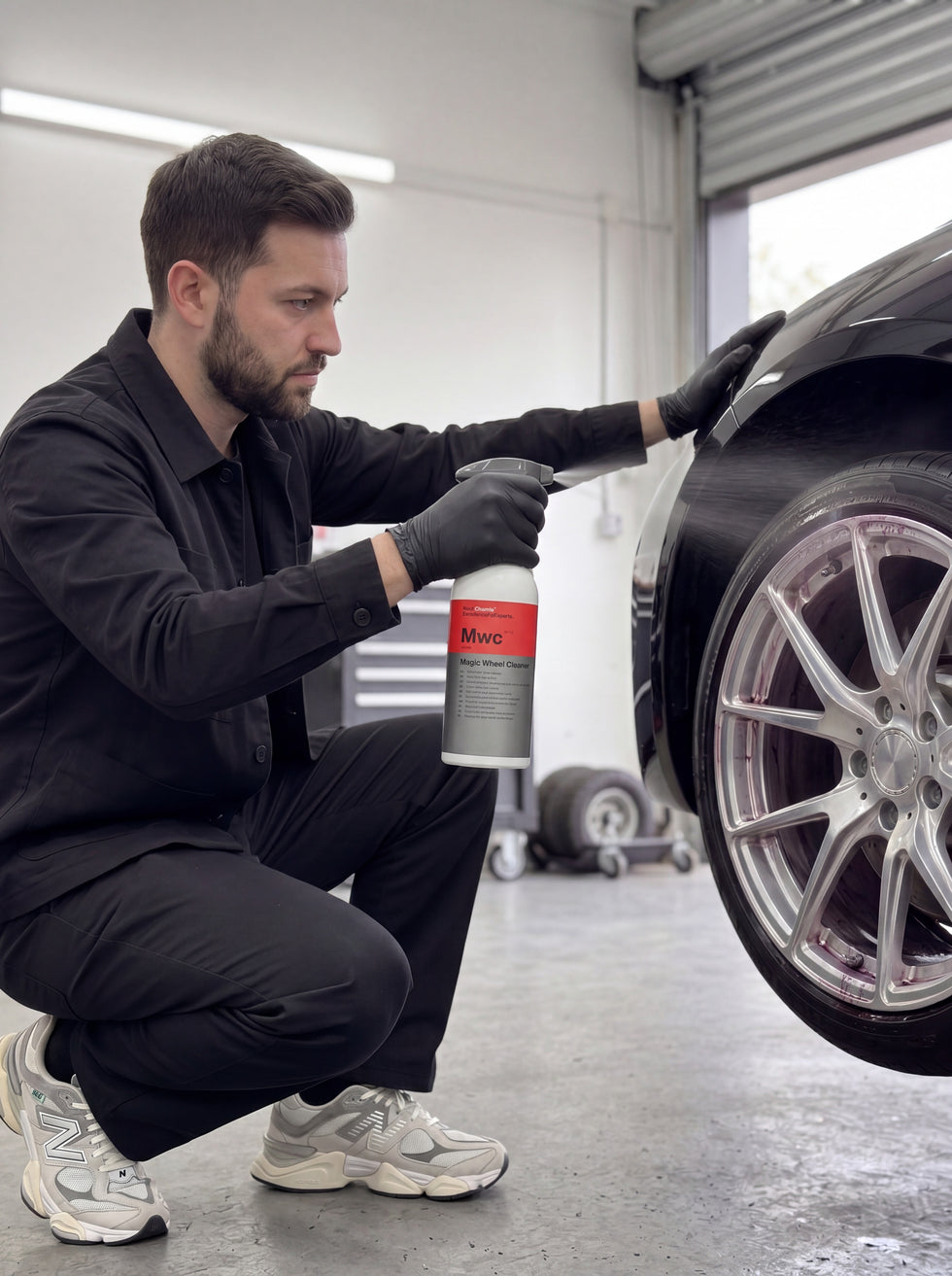 Detailing1 Techniker hockt vor einem schwarzen Sportwagen und sprüht Koch-Chemie Magic Wheel Cleaner Mwc Felgenreiniger horiz