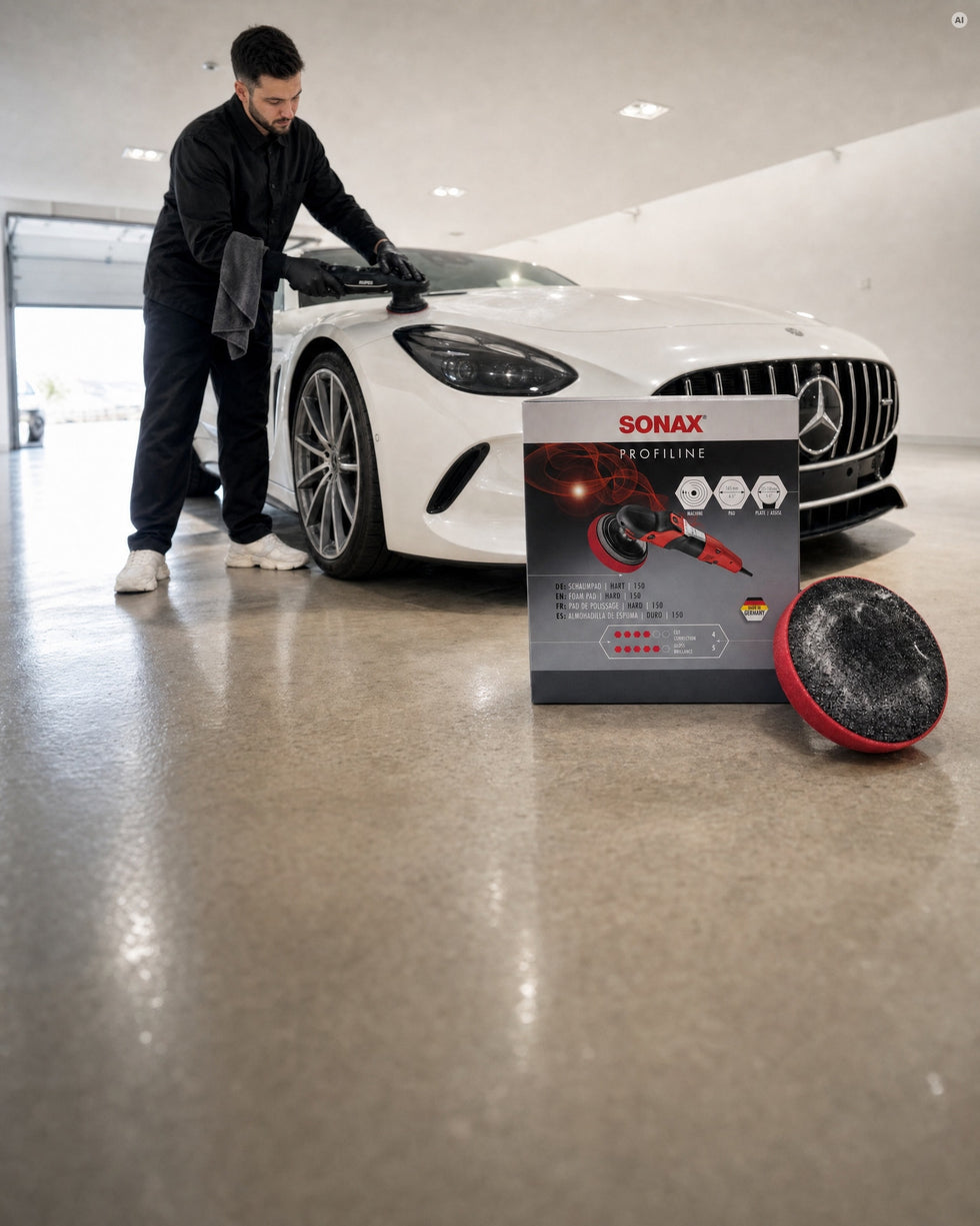 Detailing1 SONAX PROFILINE SchaumPad hart am Rupes-Exzenter auf der Haube eines weissen Mercedes-AMG GT 63 (Mobile)