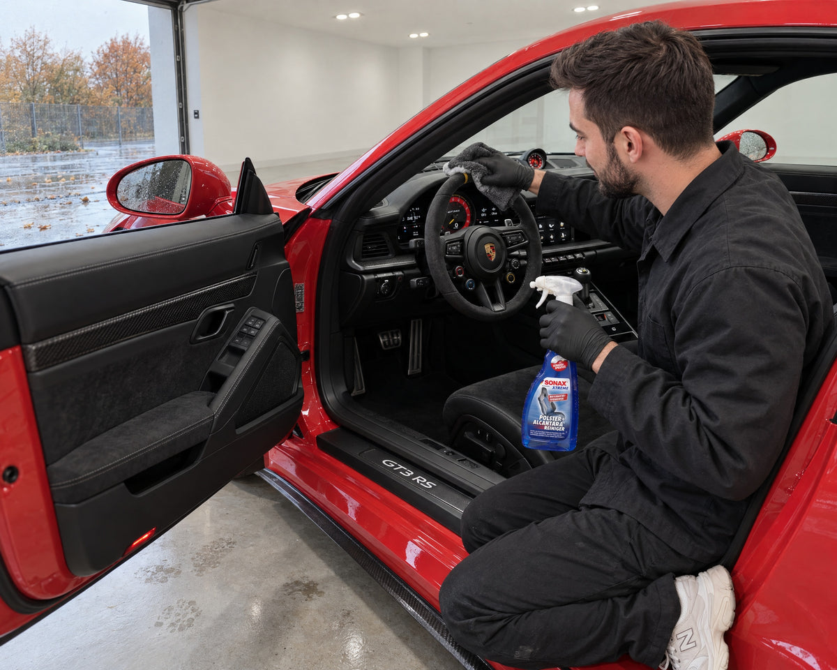 Detailing1 Hero: detergente tessuti — pulire il volante in Alcantara con SONAX XTREME Polster+AlcantaraReiniger (Desktop)