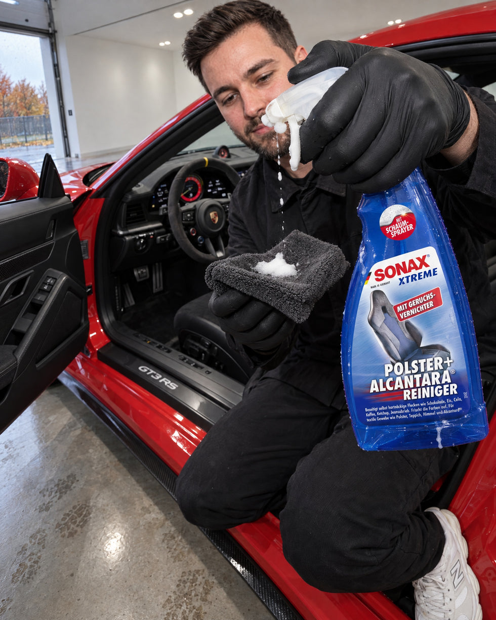 Detailing1 Hero: detergente tessuti — pulire il volante in Alcantara con SONAX XTREME Polster+AlcantaraReiniger (Mobile)