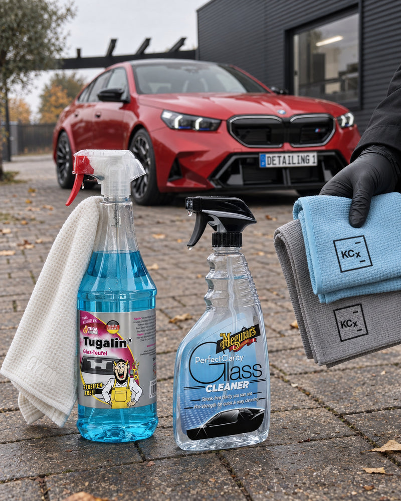 Tugalin Glas-Teufel, Meguiar's Perfect Clarity, GYEON GlassWipe EVO and Koch-Chemie Pro Glass Towel in front of a BMW M5 — shown in the article “Car fogging up on the inside: why a clean windscreen stays clear for longer”