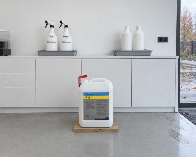 Detailing1 stockage trié — flacons spray étiquetés dans des bacs séparés, bidon Gsf avec robinet verseur sur planche de bois