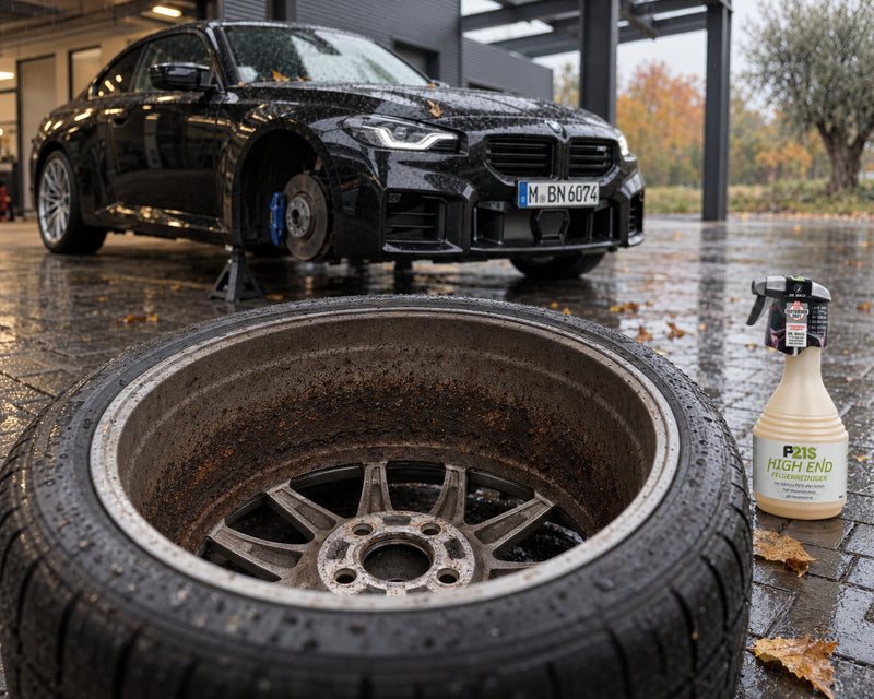 Dr. Wack P21S HIGH END Wheel Cleaner next to a removed BMW M2 wheel with baked-on brake dust in the wheel barrel