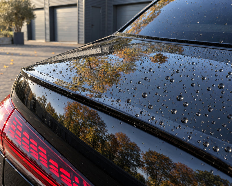 Detailing1 efekt na czarnym Audi RS 5 — klapa bagażnika bez plam z żywicy, zabezpieczona, z perlącą się wodą