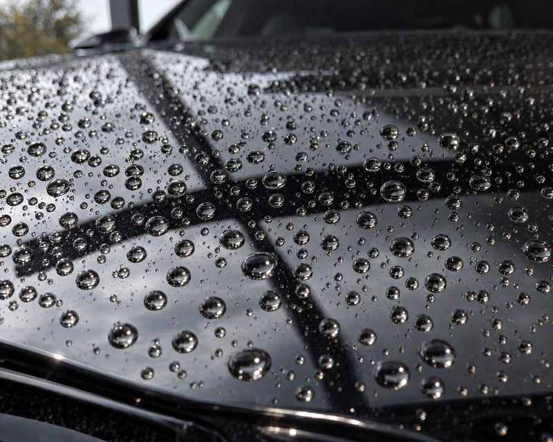 Detailing1 resultado en el BMW M5 negro — gotas de agua redondas sobre el capó recién protegido