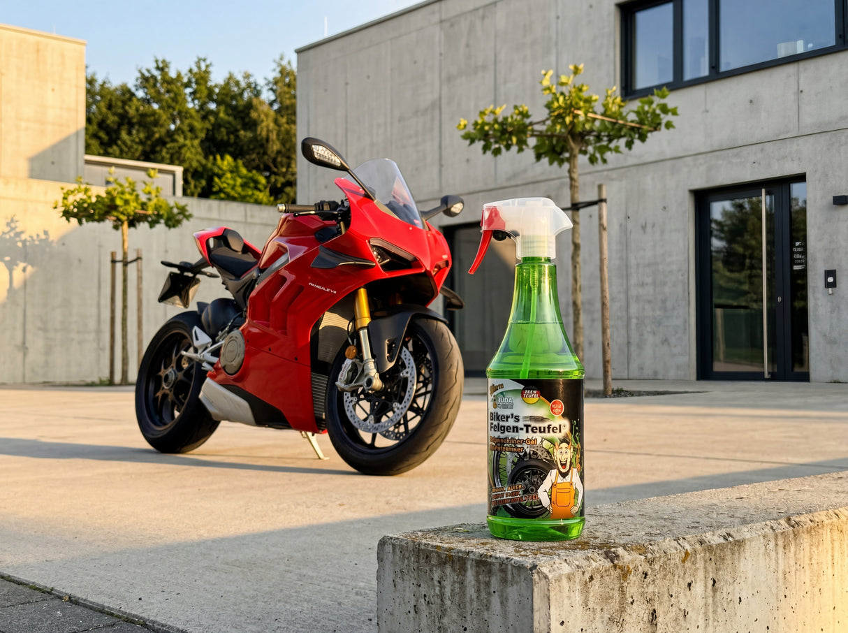Biker's Felgen-Teufel Grün 1L Sprühflasche vor roter Ducati Panigale V4