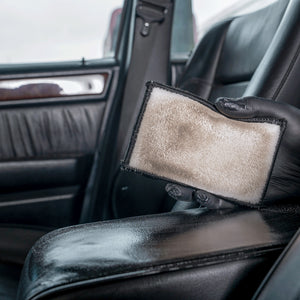 Detailing1 COLOURLOCK Smooth Leather Care Set — the pad shows the dirt lifted from the armrest