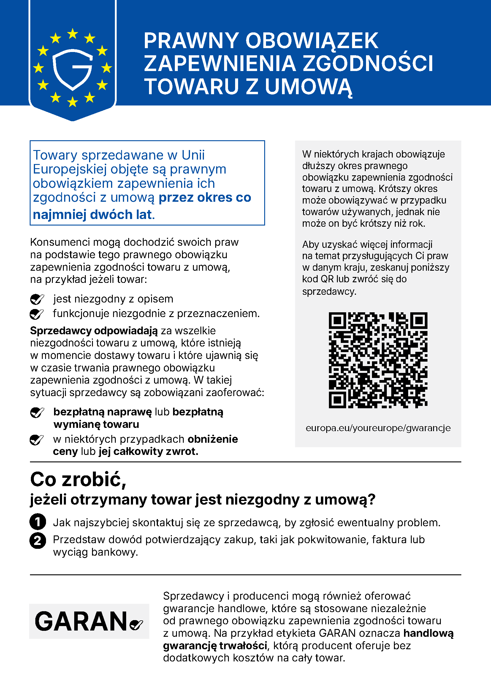 Oficjalna informacja UE o ustawowej odpowiedzialności za zgodność towaru z umową